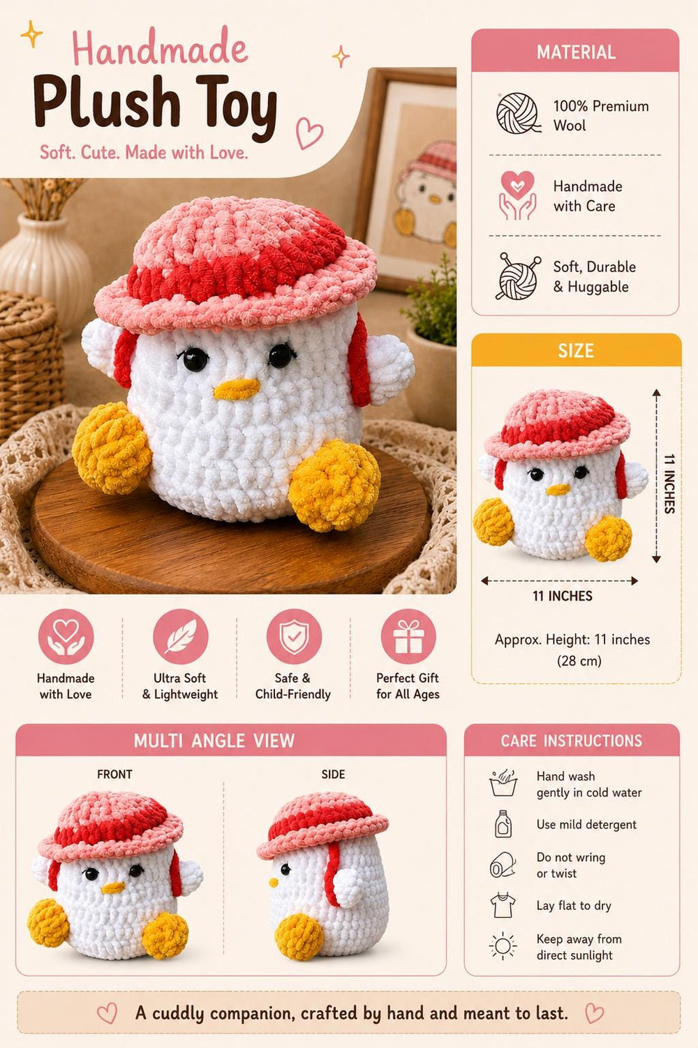 Handmade Crochet Wool Bird Plush Toy, 11 Inch Stuffed Animal, Kids Gift