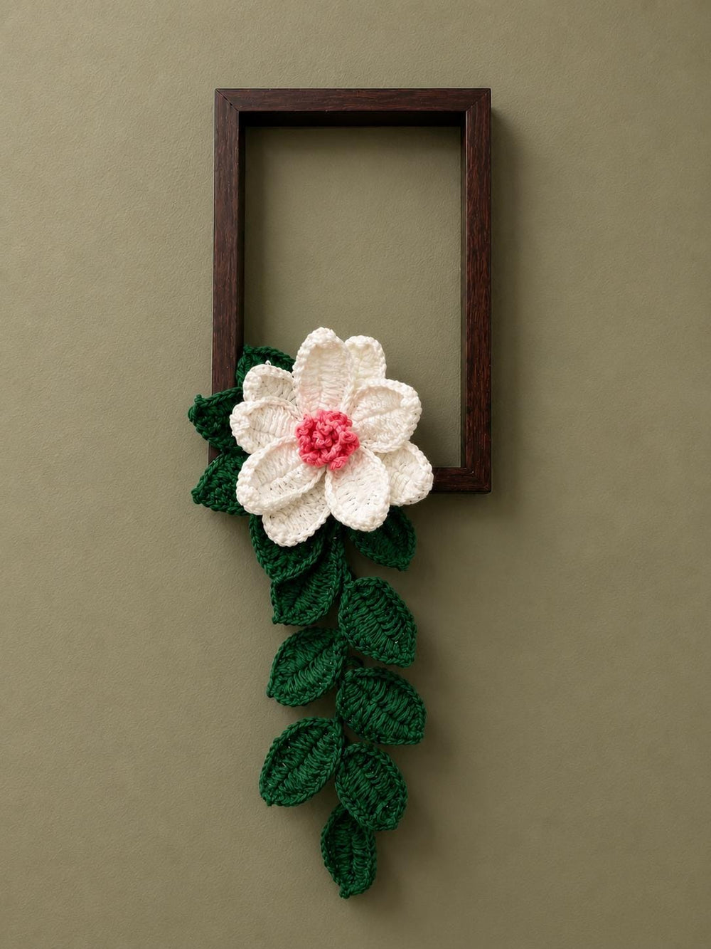 Handmade Crochet Flower Wall Hanging with Wooden Frame | Boho Botanical Fiber Art