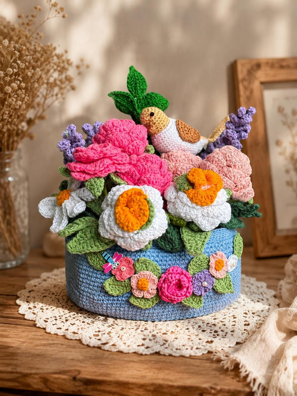 Handmade Crochet Flower Basket with Bird | Cottagecore Floral Centerpiece Home Decor
