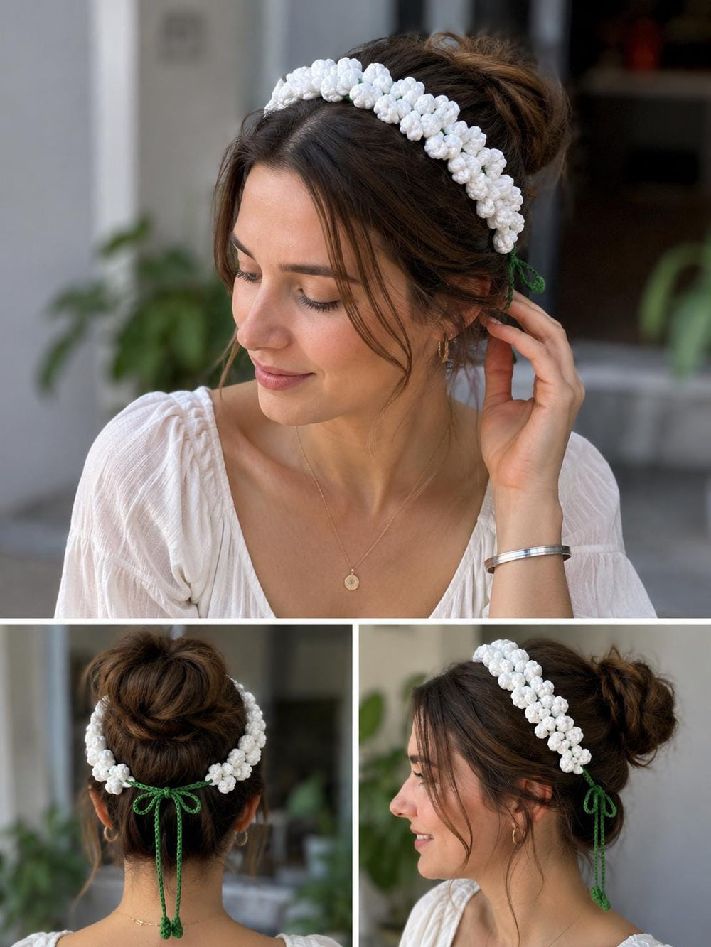 Crochet Jasmine Gajra Hair Garland | Handmade Floral Bun Wrap, Bridal Accessory