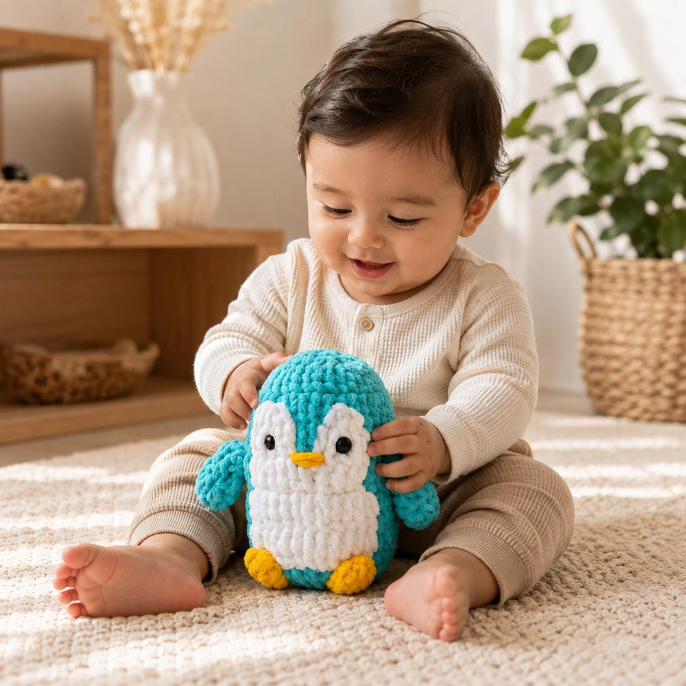 Handmade Crochet Penguin Plush Toy, Soft Amigurumi Cuddle Toy, Turquoise White Yellow