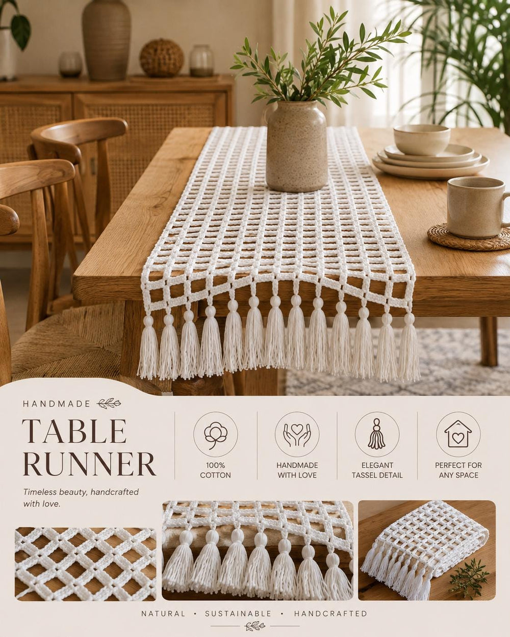 Handmade Crochet Table Runner | Boho Farmhouse Cotton Tassels (1.5 x 5 Ft) | Customisation available