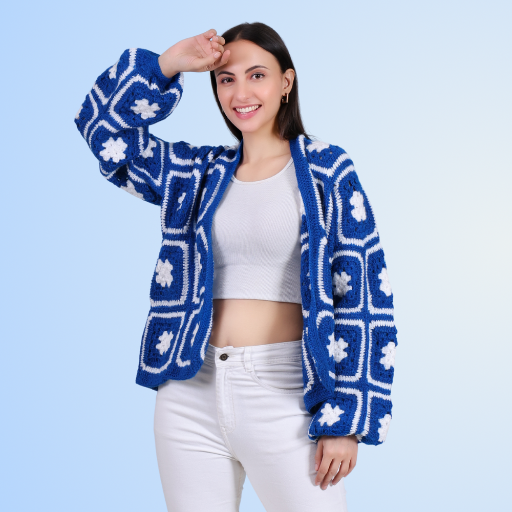 Blue Blossom hand crochet woollen cardigan for women front view – Chutak Binak