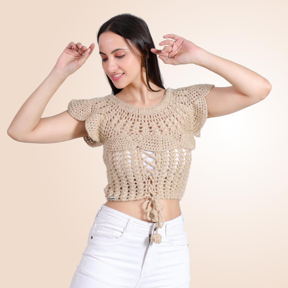 Sunset Ruffle hand crochet tank top for women beige boho front – Chutak Binak