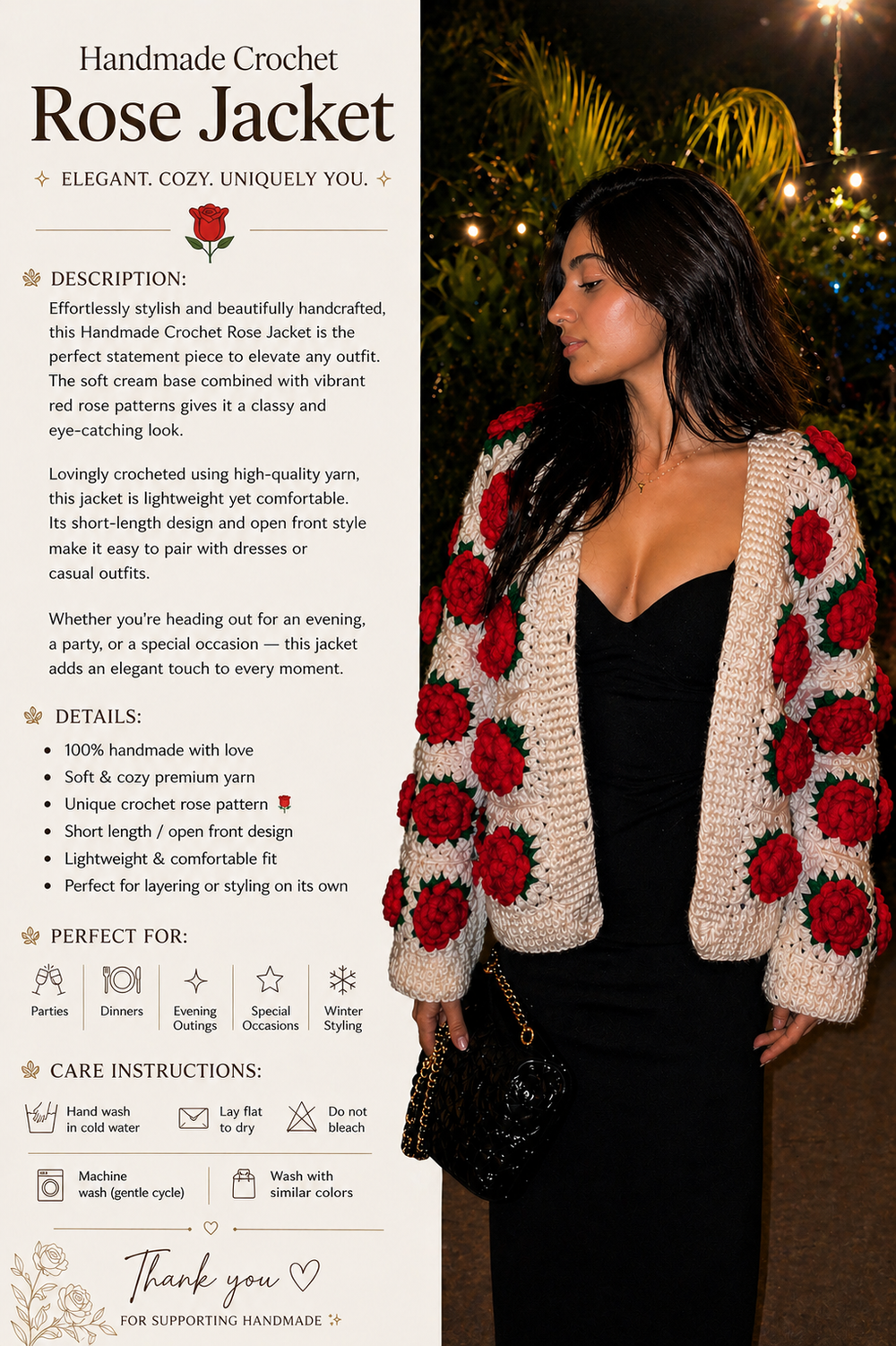 🌹 Cardigan a roses au crochet fait main pour femme 🌹