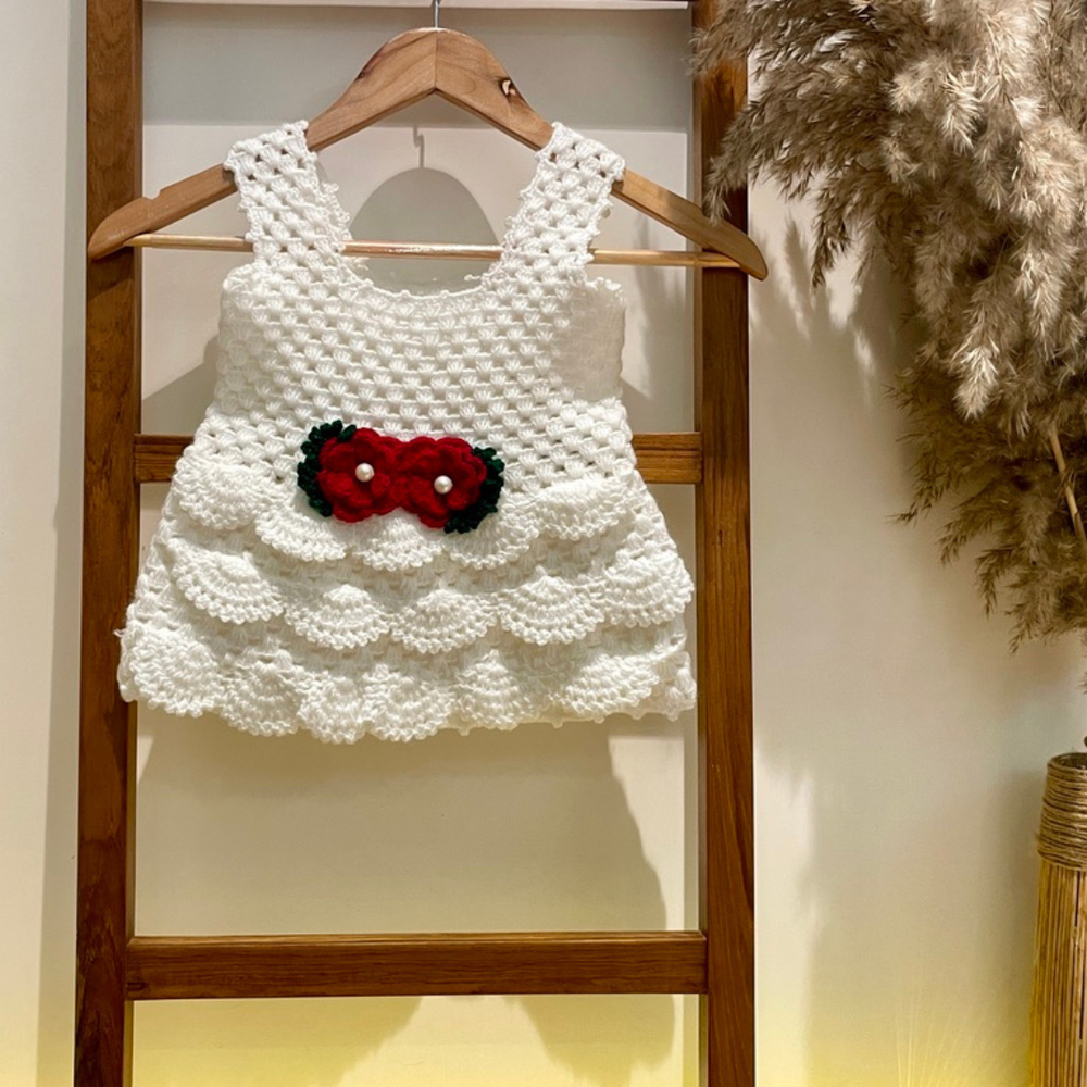 Ivory crochet frock for girls full length view – Chutak Binak