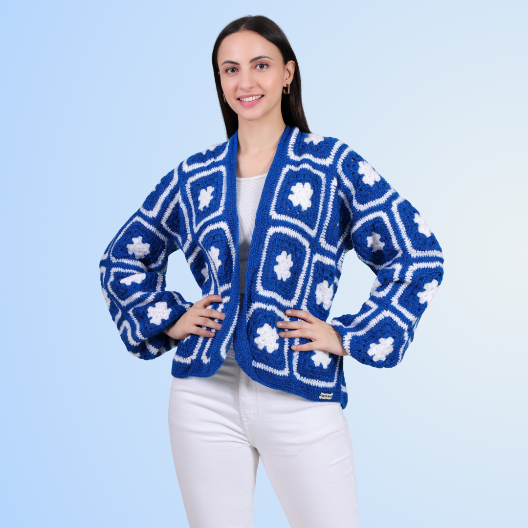 Blue Blossom Hand Crochet Woollen Jacket