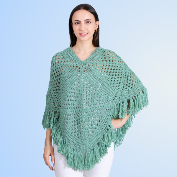Oceanic hand crochet fringe poncho for women in green – Chutak Binak