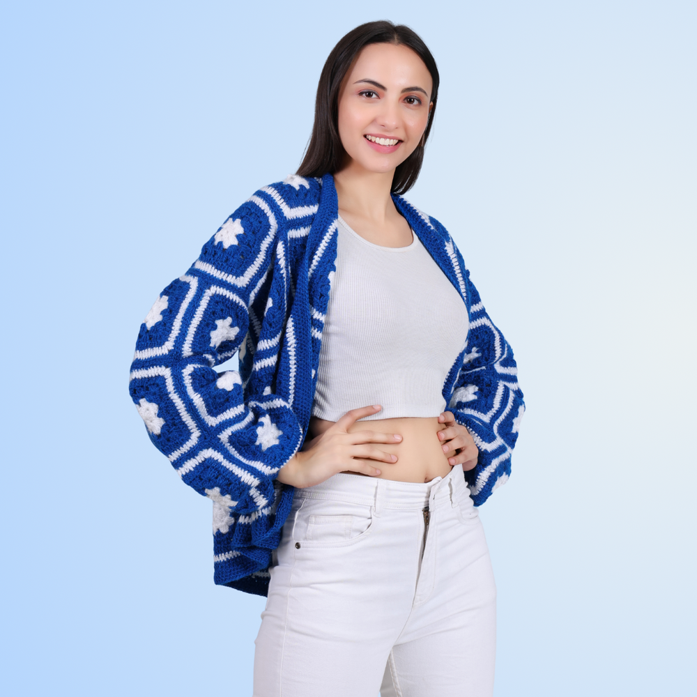 Blue Blossom woollen cardigan side view – Chutak Binak