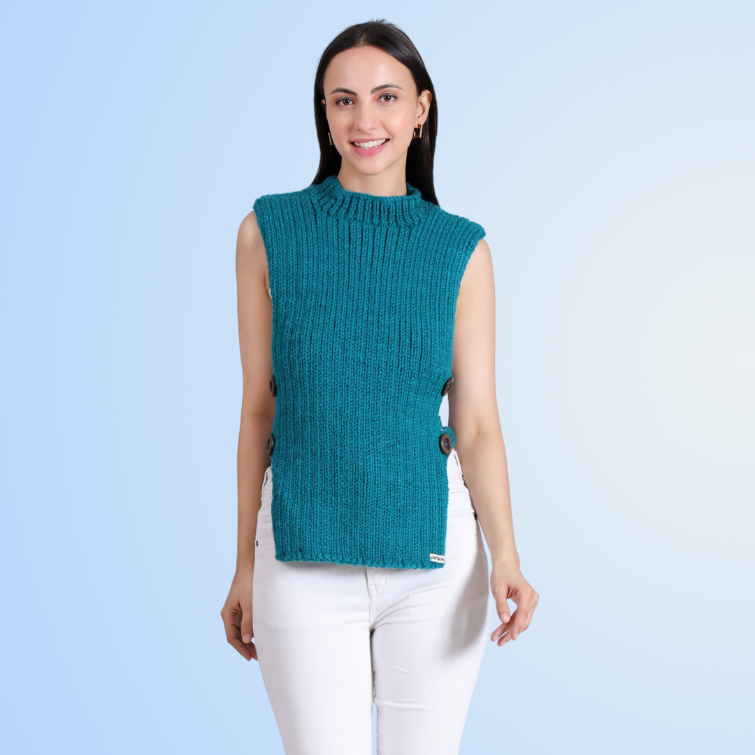 Turquoise Temptation Hand- Knit Side-Button Sweater By Chutak Binak