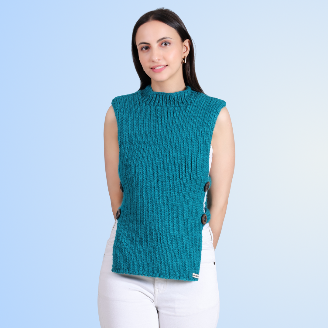 Turquoise Temptation Hand- Knit Side-Button Sweater By Chutak Binak