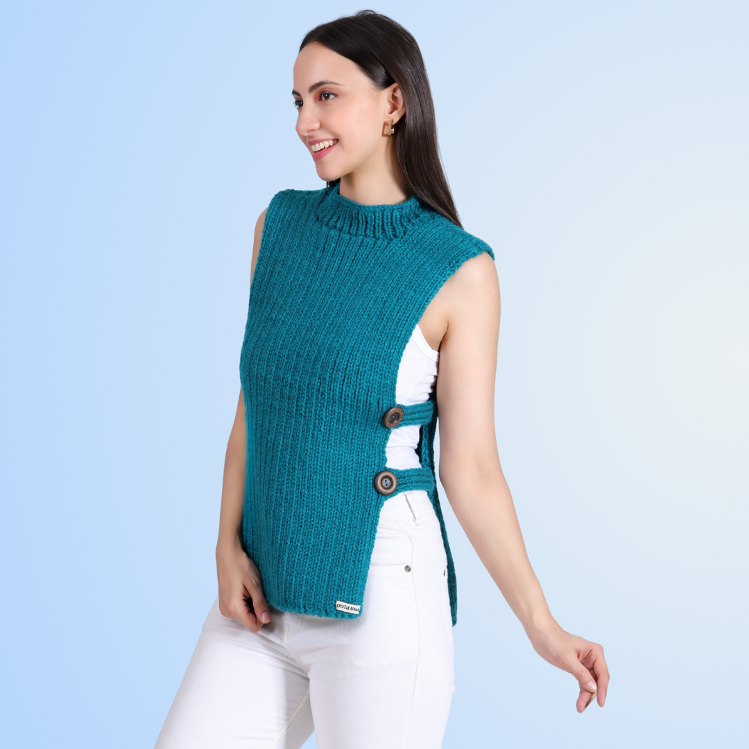 Turquoise Temptation Hand- Knit Side-Button Sweater By Chutak Binak