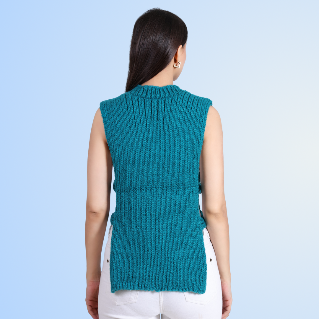 Turquoise Temptation Hand- Knit Side-Button Sweater By Chutak Binak