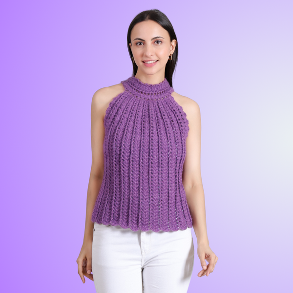 Buzy Bee hand crochet halter neck top for women in purple front – Chutak Binak
