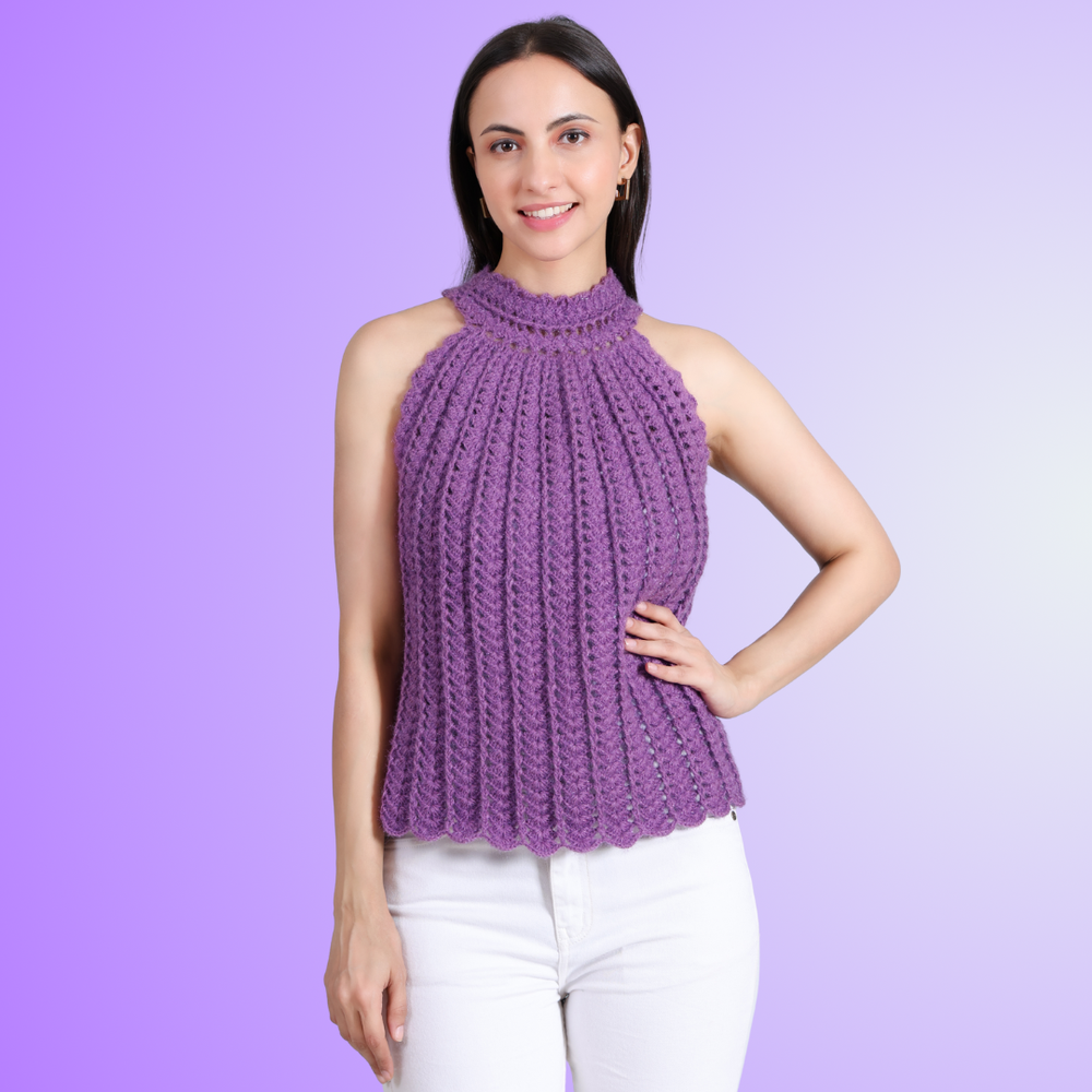 Buzy Bee purple crochet top close-up bee detail – Chutak Binak