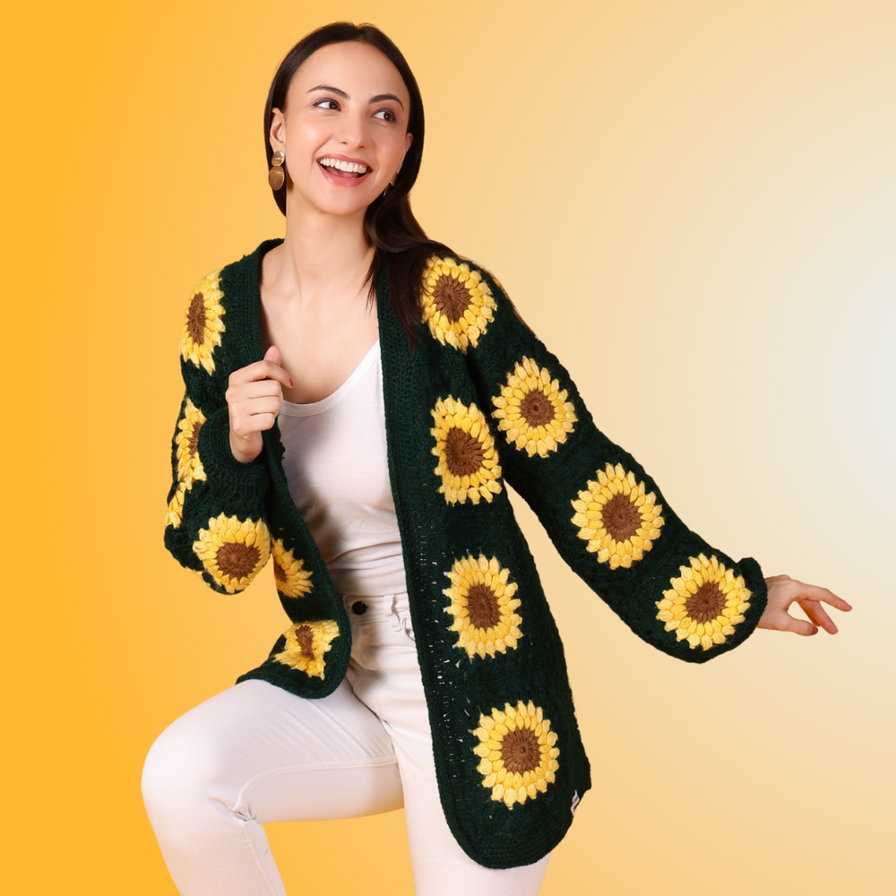 Sunshine Stitches hand crochet sunflower woollen cardigan for women front – Chutak Binak