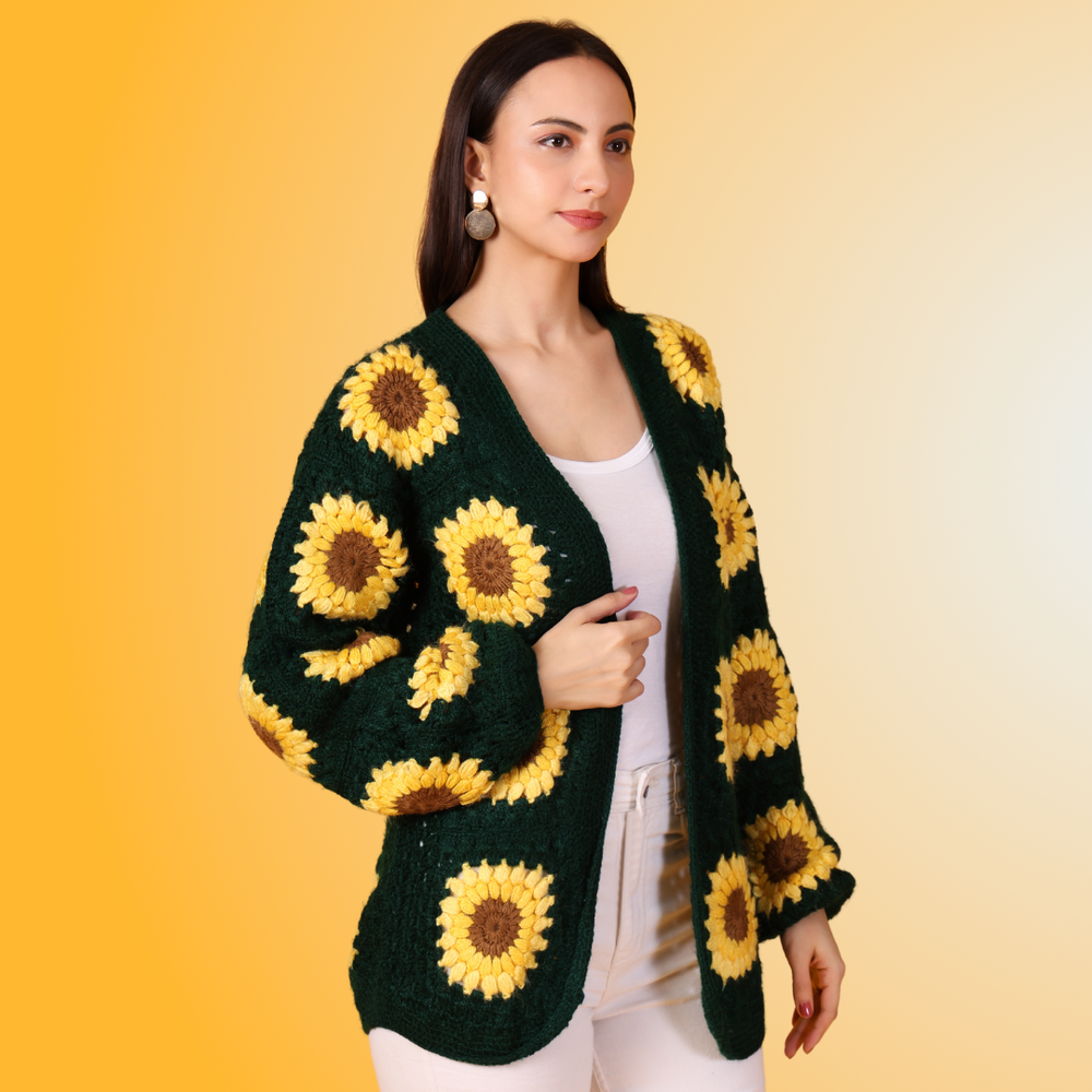 Sunflower crochet cardigan for women close-up detail – Chutak Binak