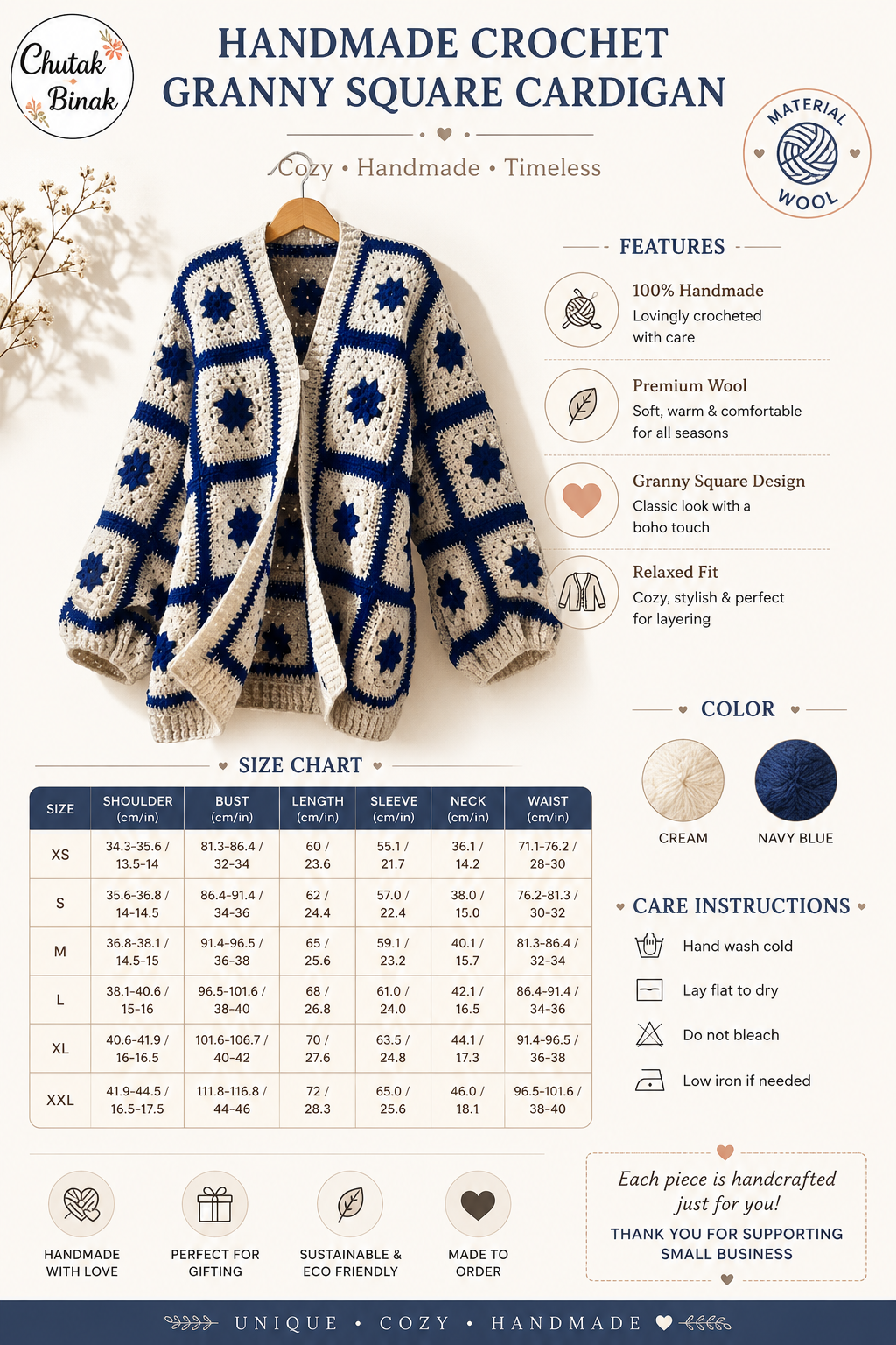 Cardigan Blue Blossom en laine crochetée main pour femme – style bohème | Chutak Binak