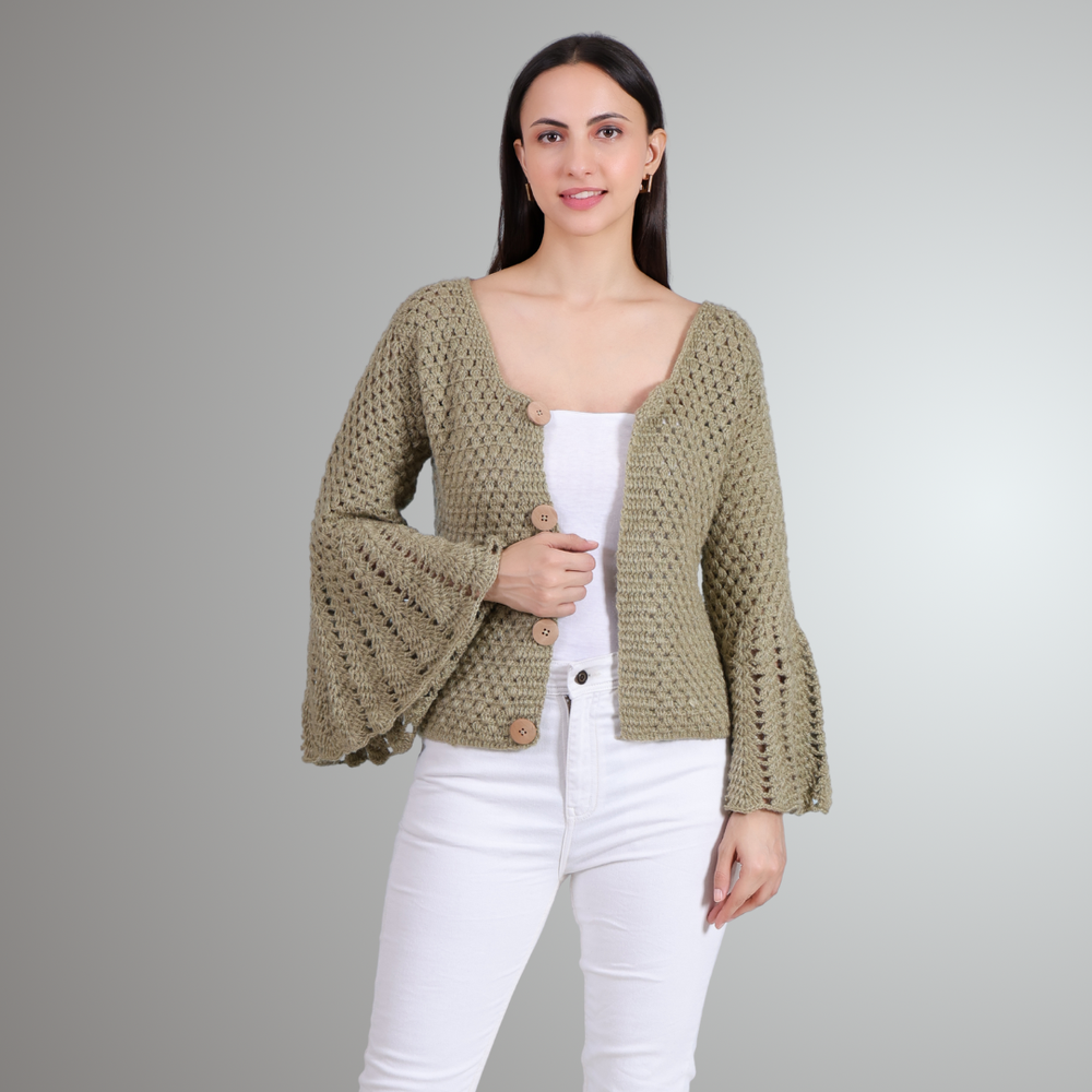 Golden Flare hand crochet cardigan jacket for women wheat front view – Chutak Binak