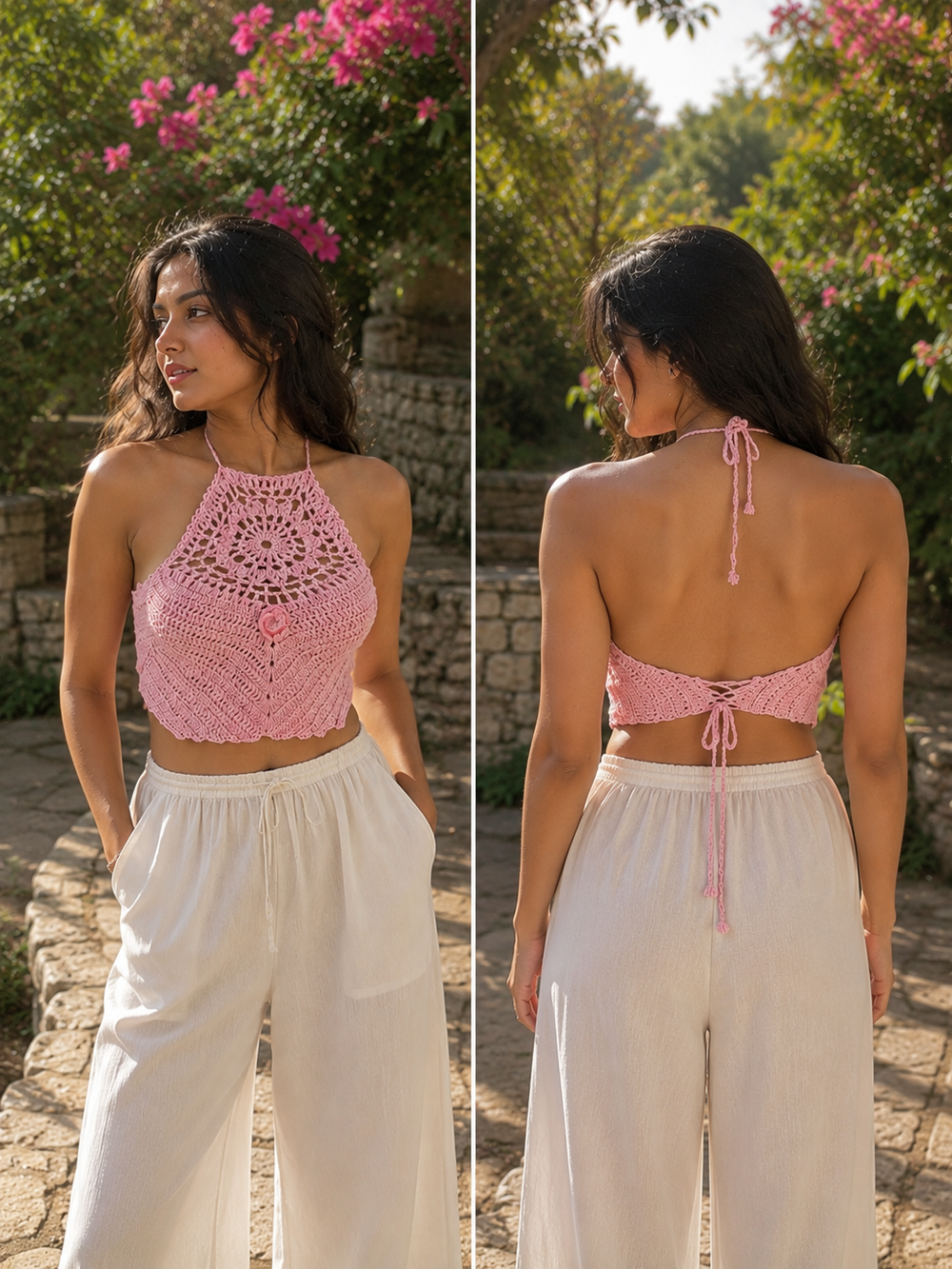 Blossom Dream Halter Neck Handmade Cotton Crochet Bralette for Women | Chutak Binak