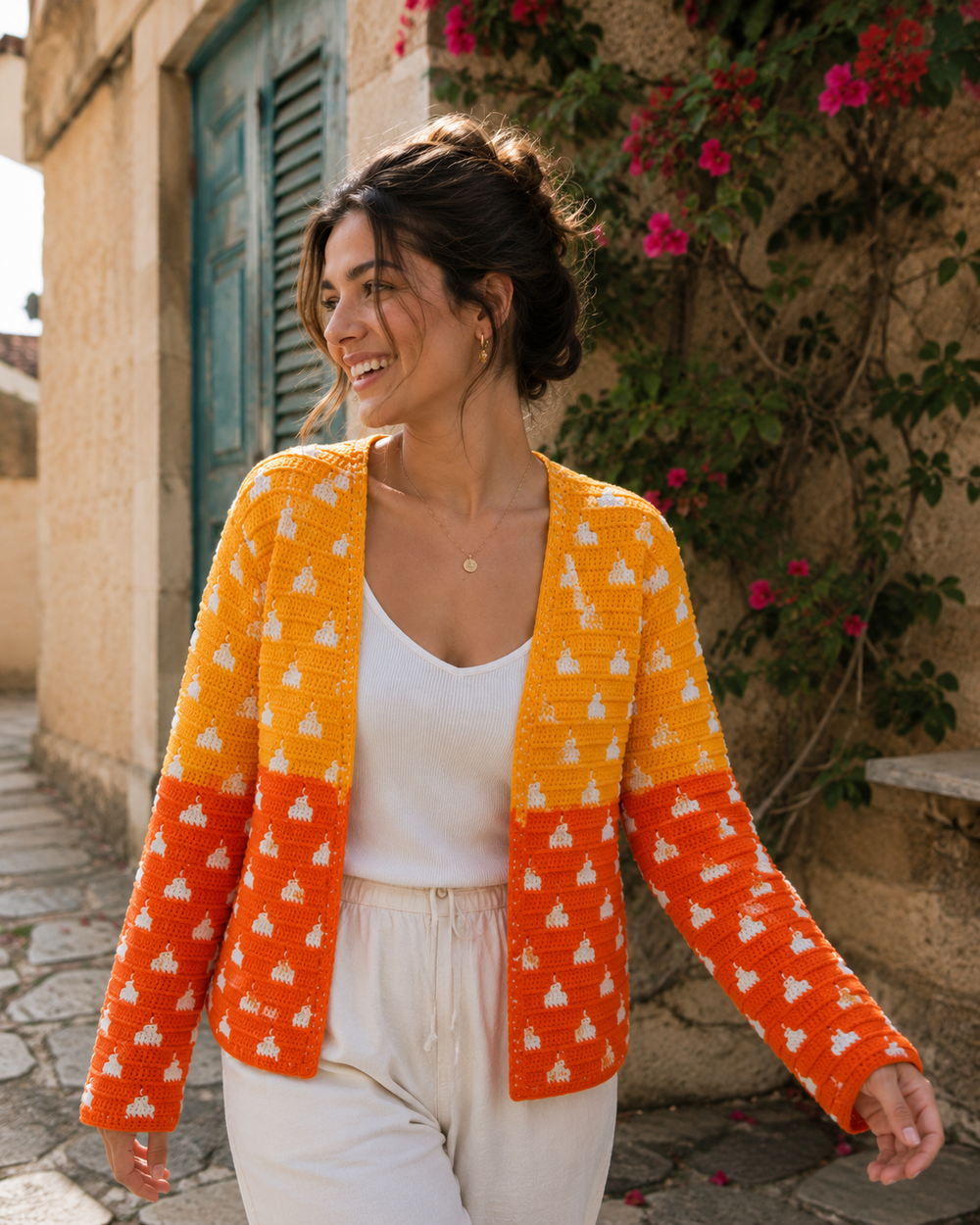 Cardigan colore Sunrise au crochet fait main pour femme | Chutak Binak