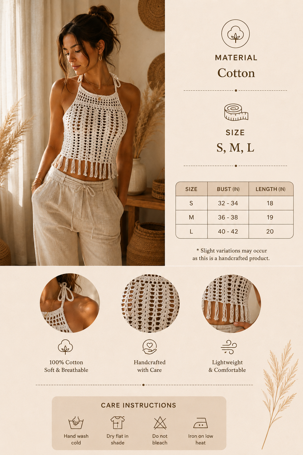 Haut bralette halter en coton crocheté main blanc Chutak Binak pour femme – style bohème d'été