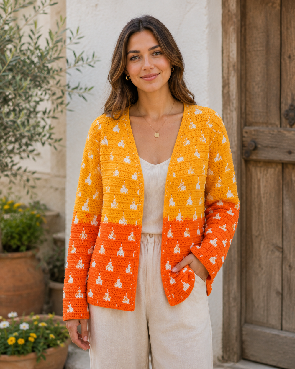 Cardigan colore Sunrise au crochet fait main pour femme | Chutak Binak