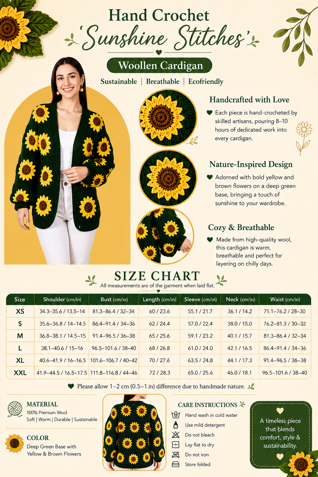 Cardigan girassol Sunshine Stitches em lã feito em crochet à mão para mulher | Chutak Binak