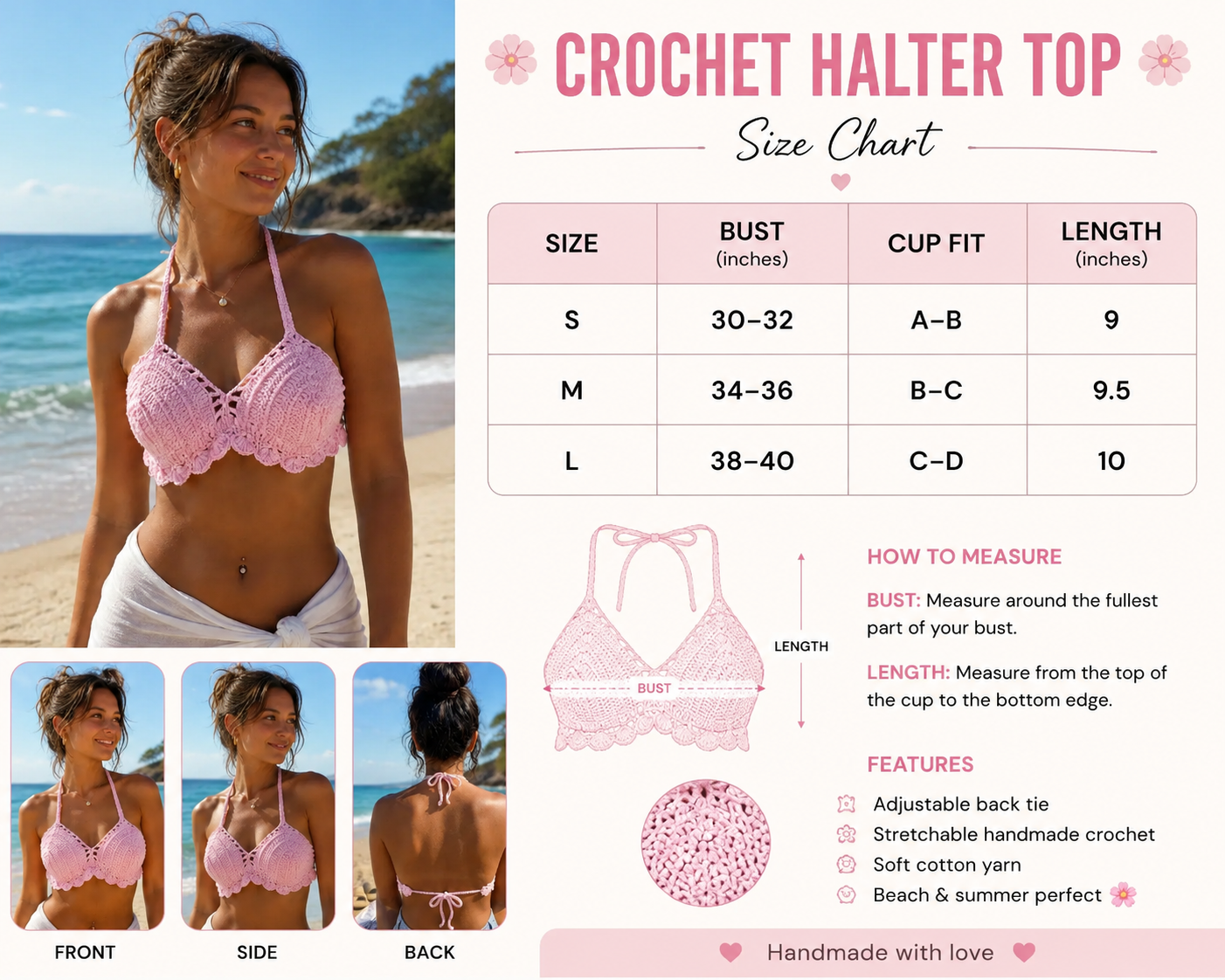 Pink Handmade Cotton Crochet Crop Top – Women's Boho