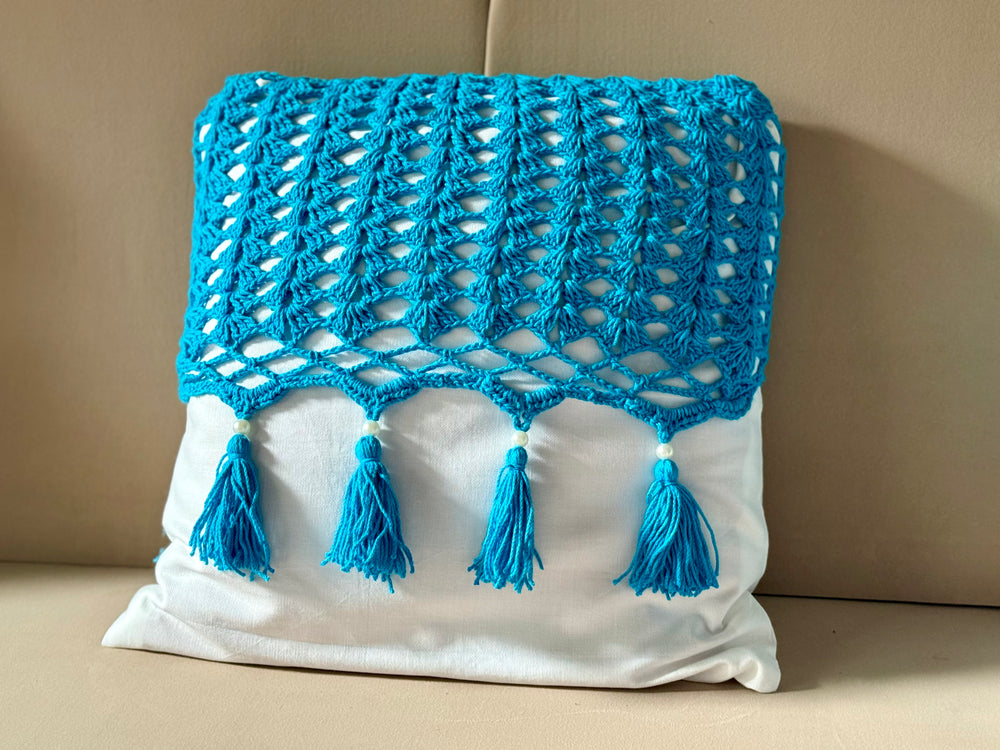 Hand crochet cotton cushion cover pair styled on sofa – Chutak Binak