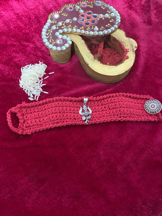"Divine Protector Rakhi Handmade Crochet with Silver Trishul Charm"