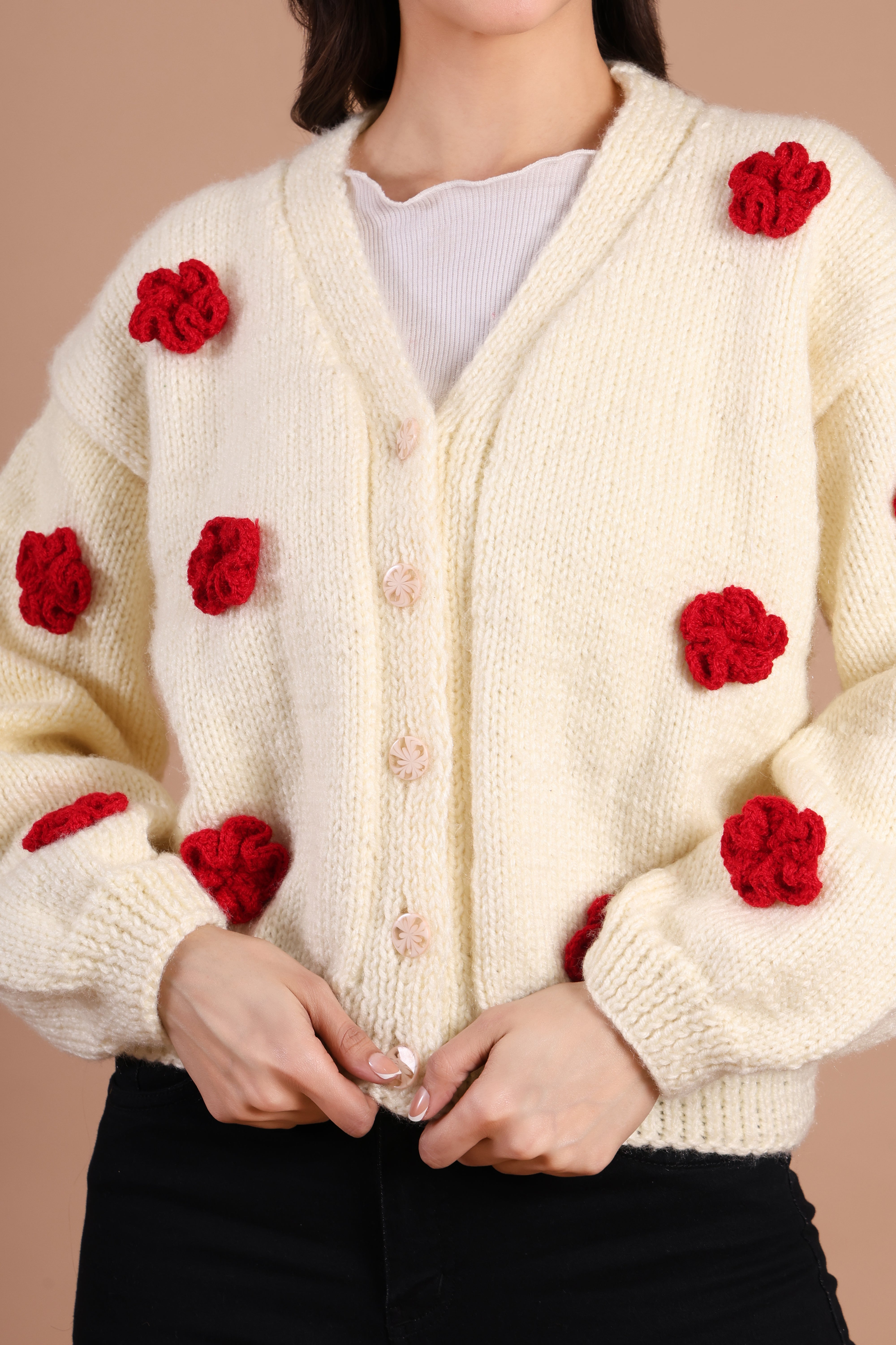 Rosette Love Hand Knit Drop Shoulder Cardigan for Women – Ivory Rose | Chutak Binak