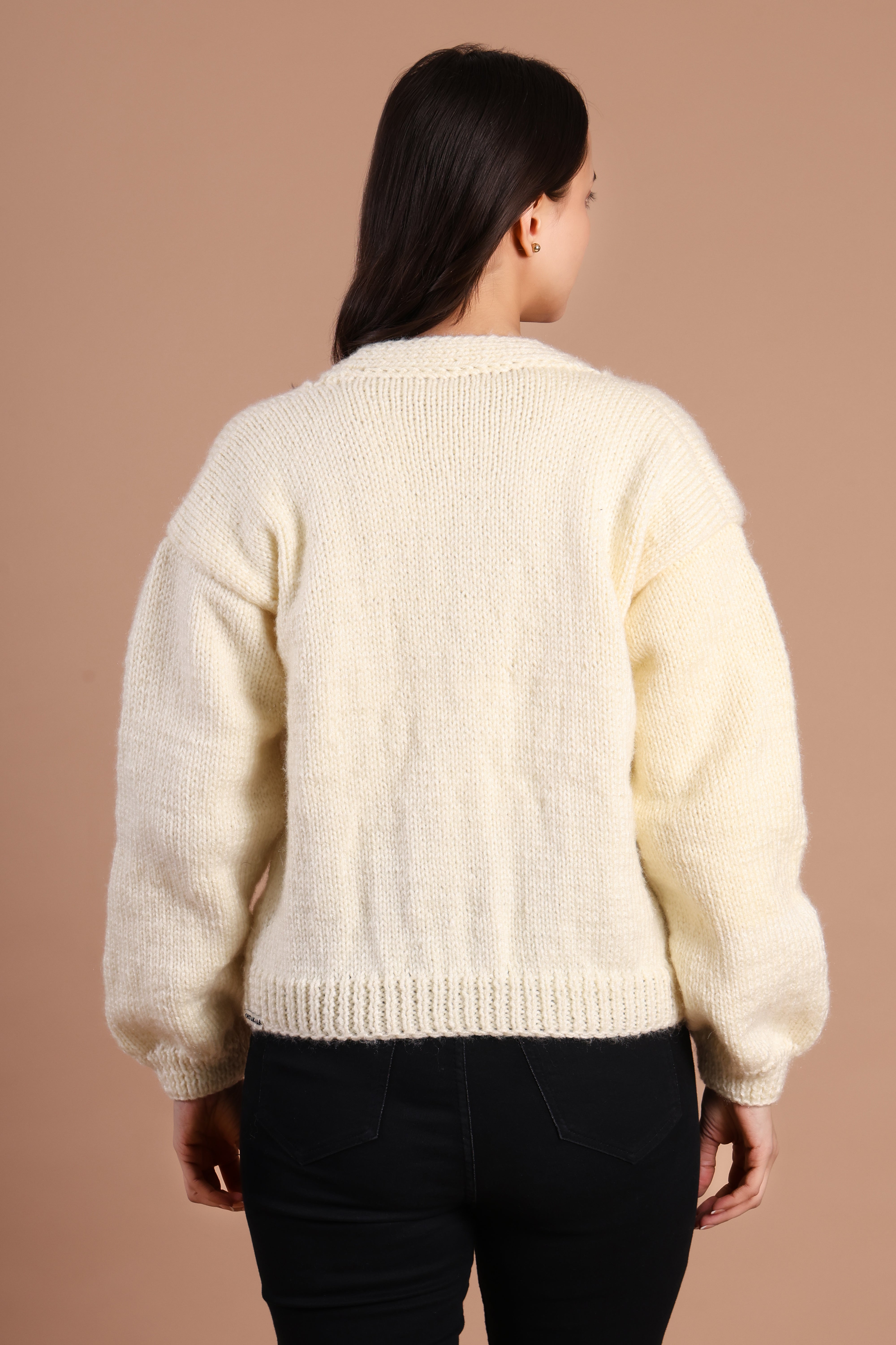 Rosette Love Hand Knit Drop Shoulder Cardigan for Women – Ivory Rose | Chutak Binak