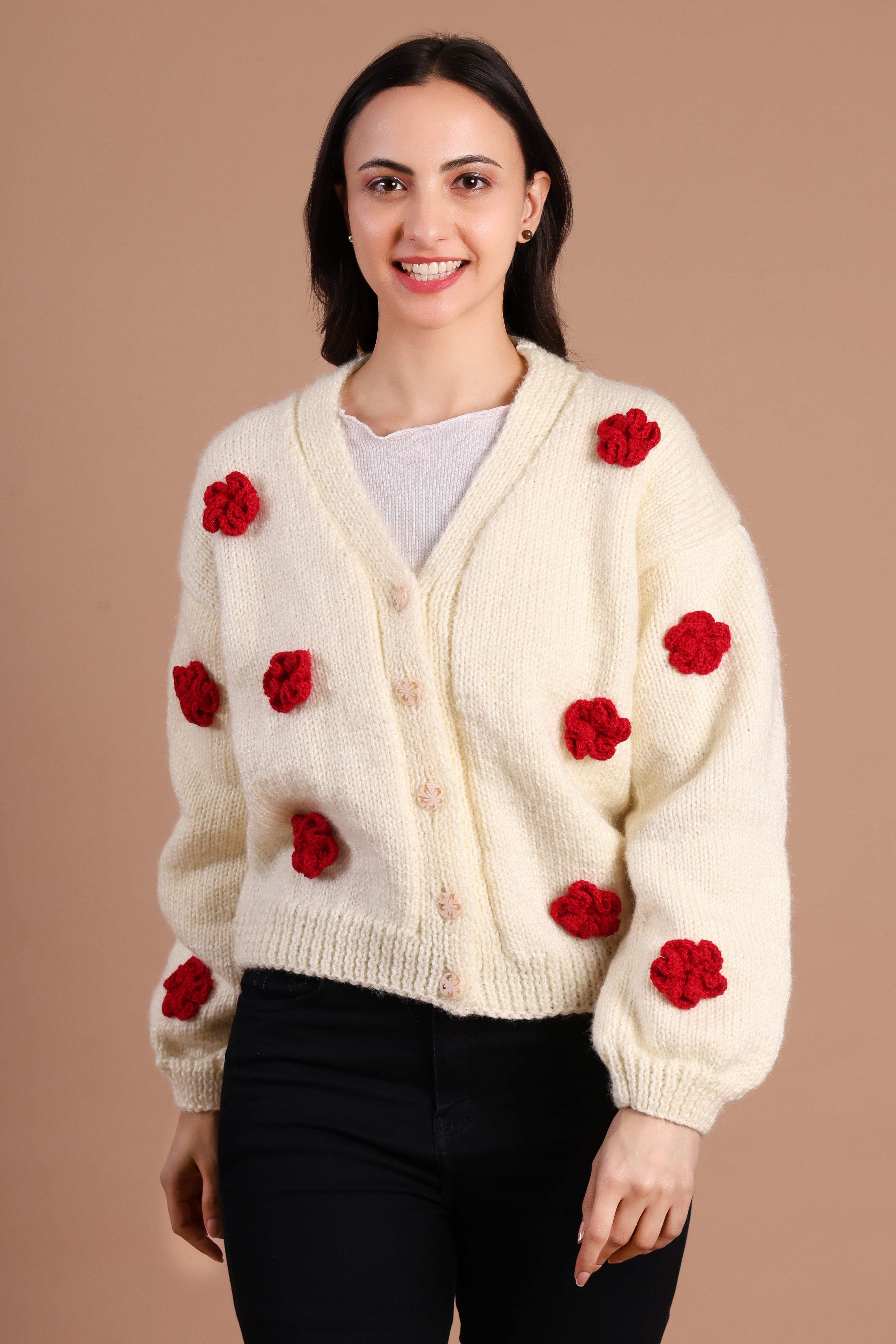 Rosette Love Hand Knit Drop Shoulder Cardigan for Women – Ivory Rose | Chutak Binak