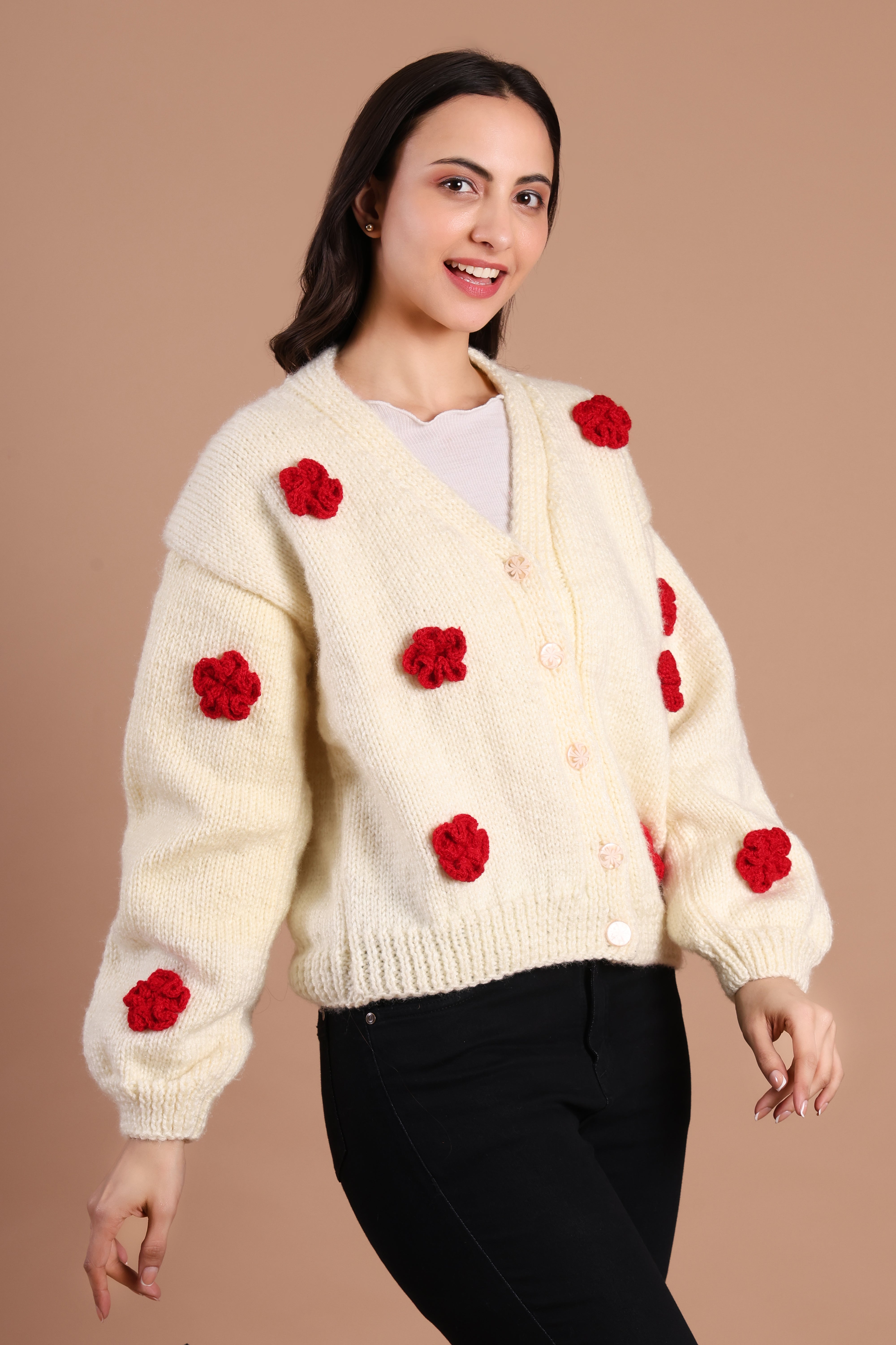 Rosette Love Hand Knit Drop Shoulder Cardigan for Women – Ivory Rose | Chutak Binak