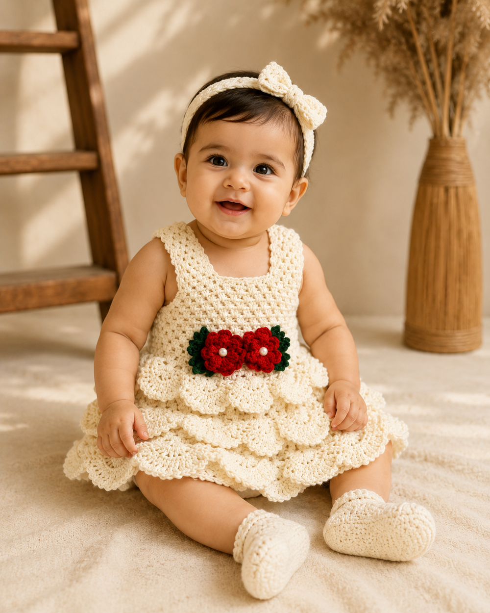 Handmade crochet ivory princess frock for girls 2-5 years white – Chutak Binak