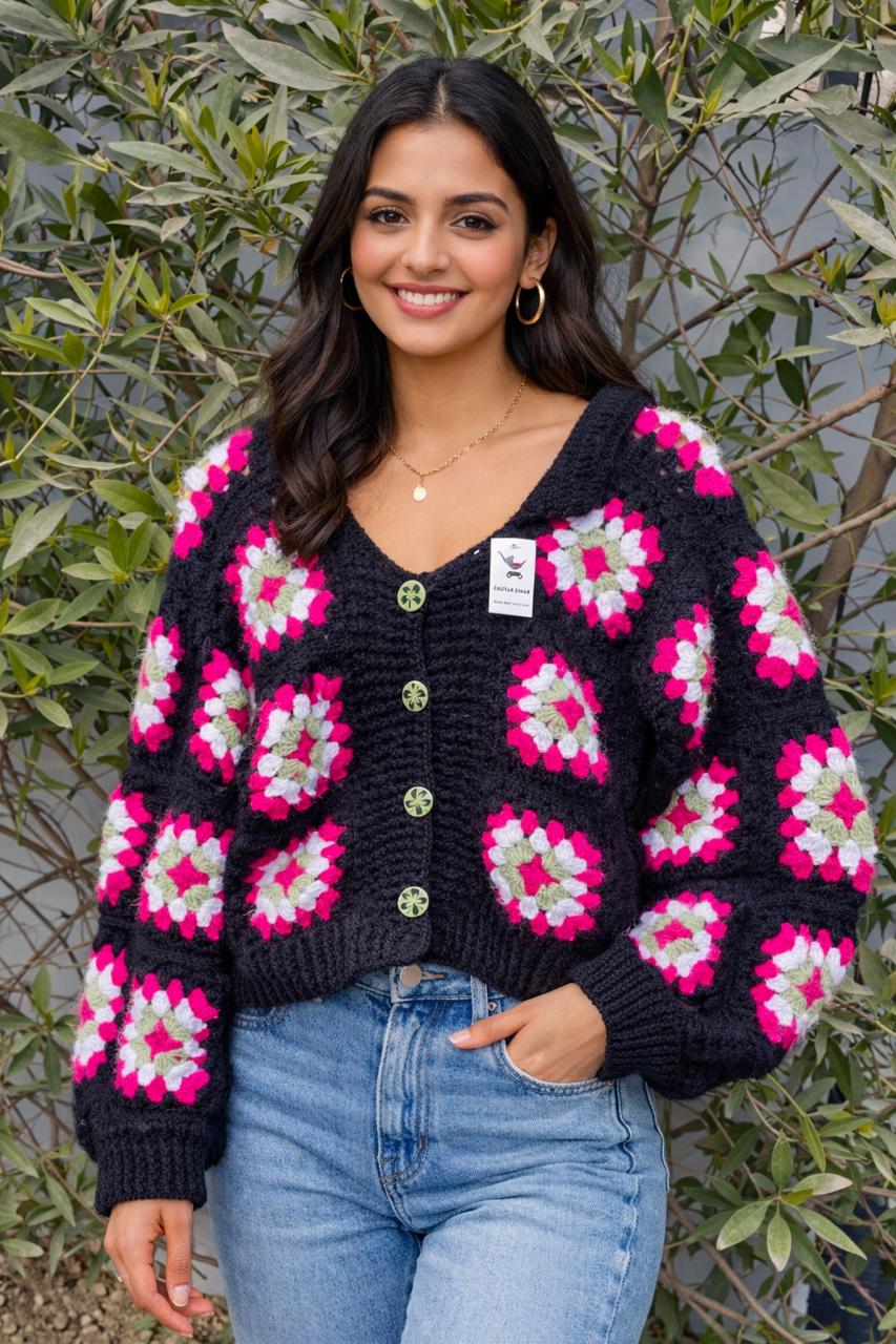 Midnight Bloom Hand-Crochet Cardigan