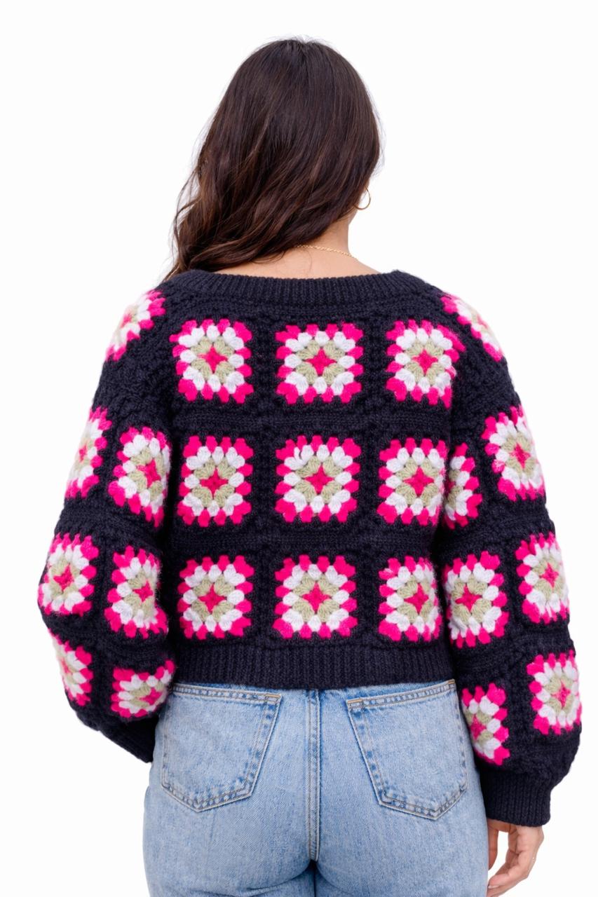 Midnight Bloom black crochet cardigan back view – Chutak Binak