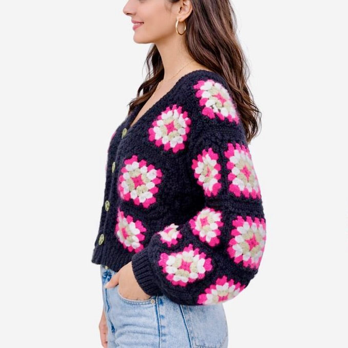 Midnight Bloom crochet cardigan close-up floral pattern – Chutak Binak