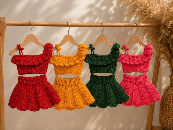 Handmade crochet baby girl wool outfit set with flared skirt
