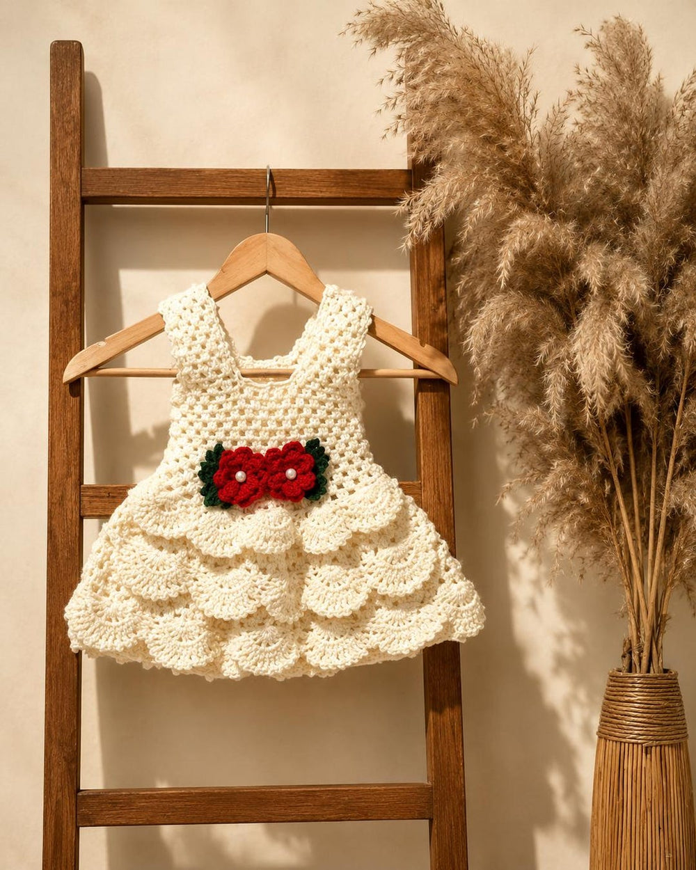 Scalloped wool crochet frock front view