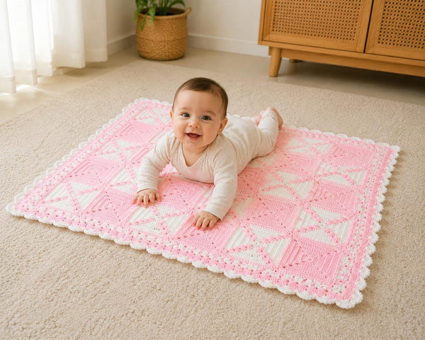 Handmade crochet baby blanket pink and white