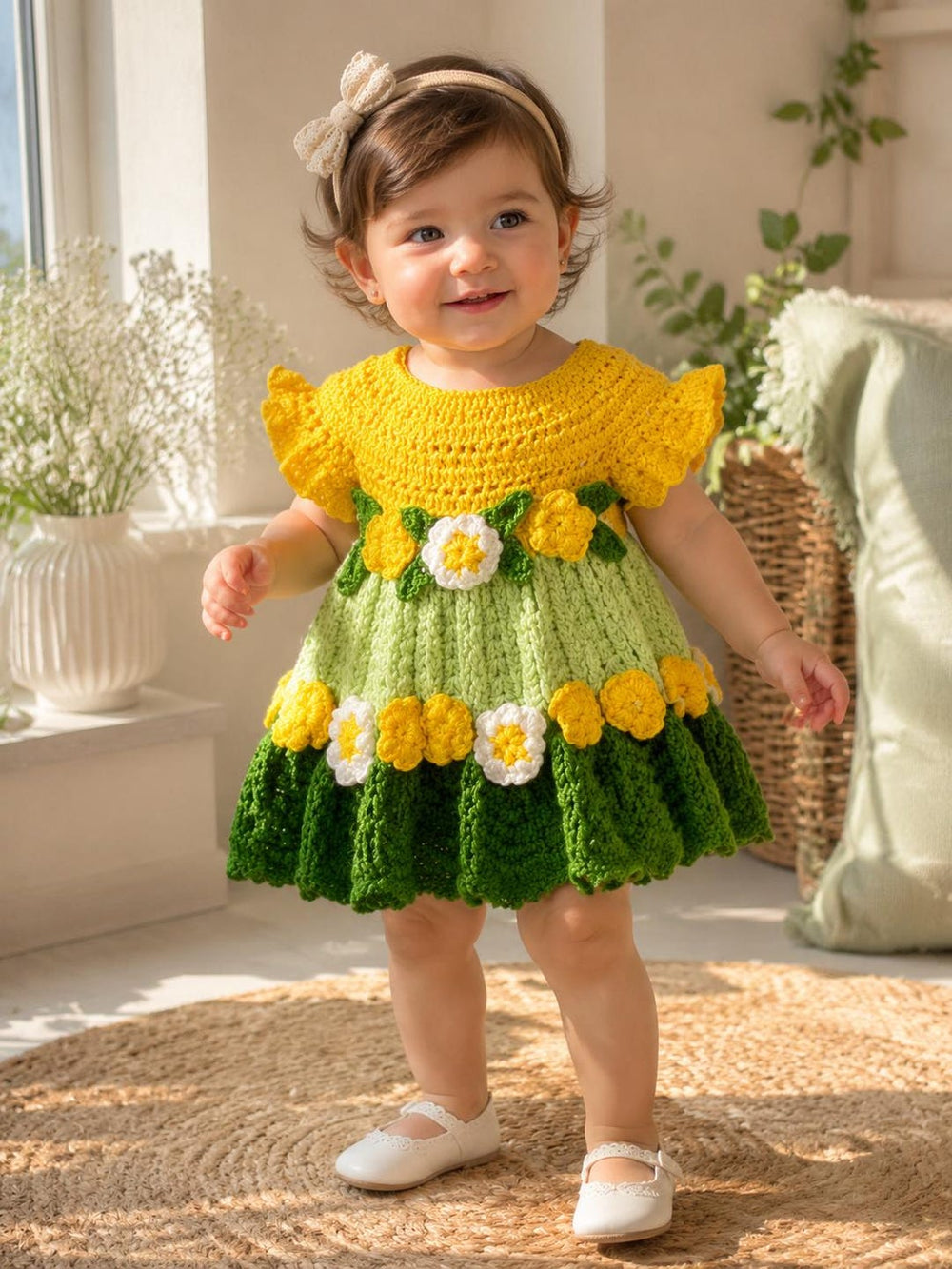 Hand crochet baby girl dress in yellow and sage green
