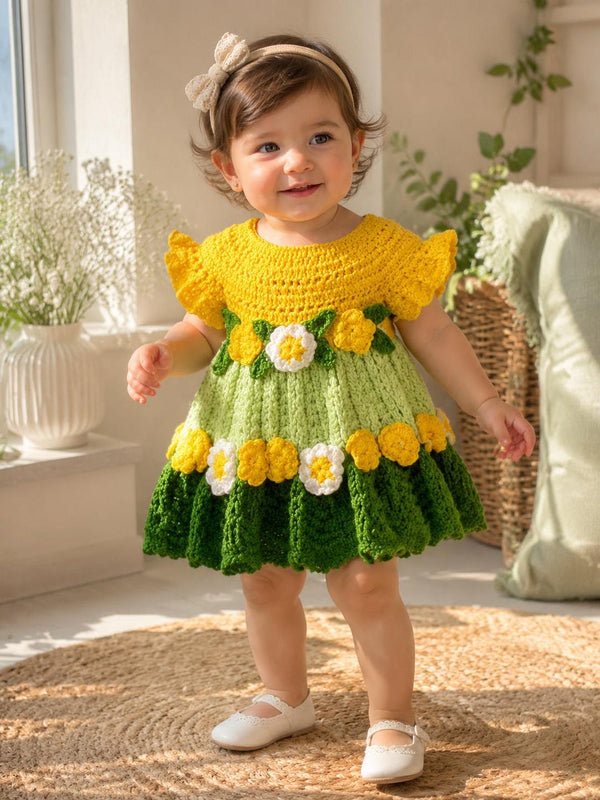 Hand crochet baby girl dress in yellow and sage green