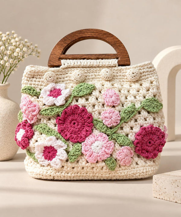 Handmade crochet floral handbag with wooden handle