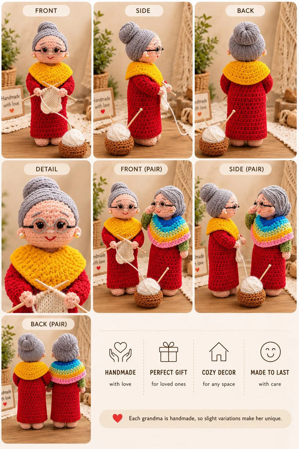 Pareja de munecas abuela de crochet hecha a mano – tejidas con amor | lindo regalo amigurumi para decoracion