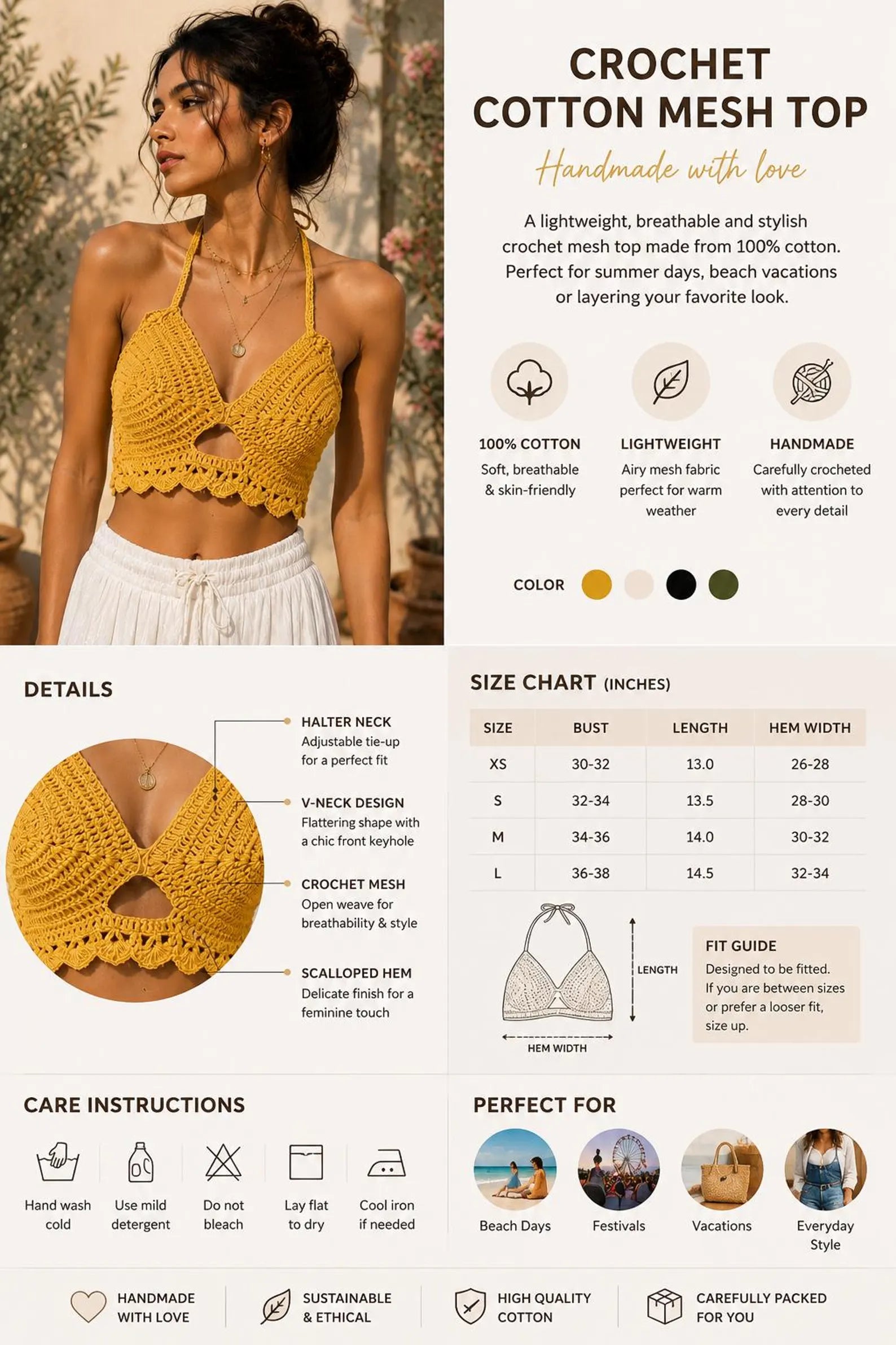 Solstice Spell mustard crochet top back view – Chutak Binak