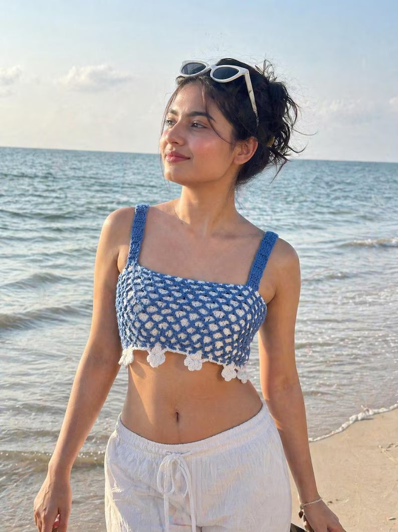 Marine Love handmade cotton crochet top for women mustard front – Chutak Binak