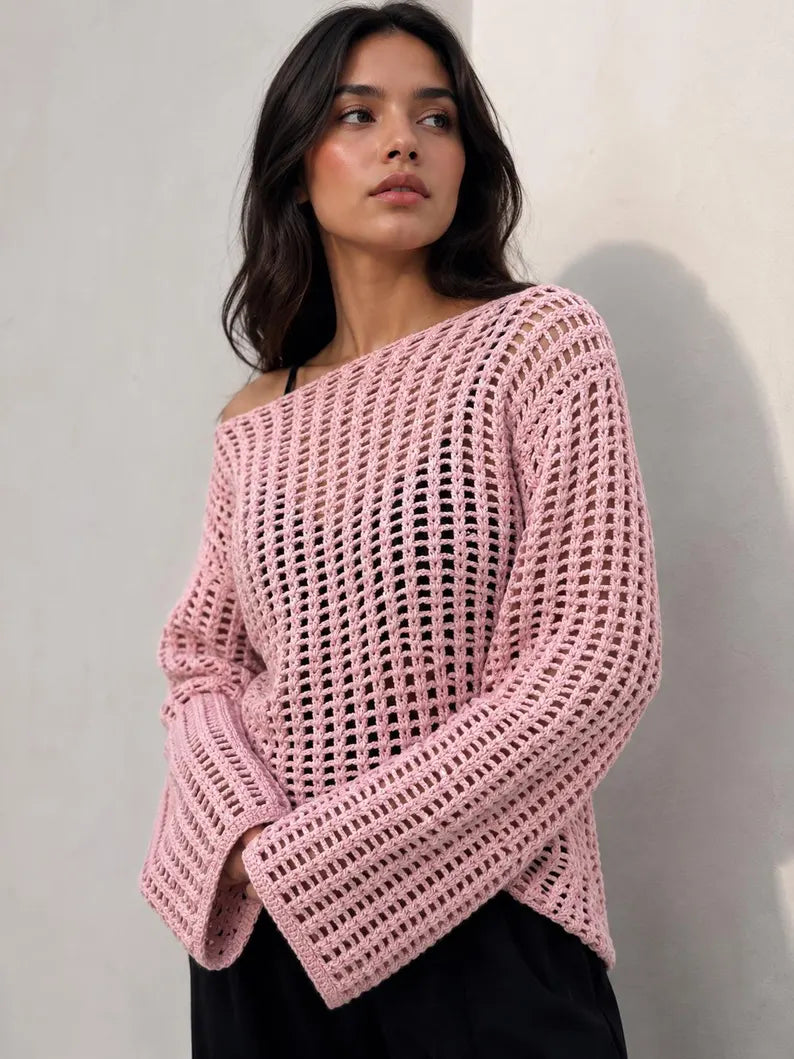 Pull en coton crocheté fait main pour femme – rose