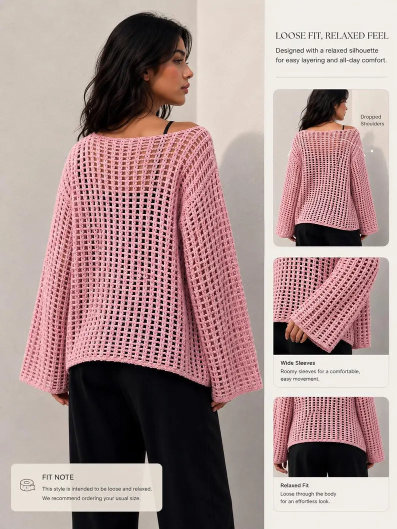 Pull en coton crocheté fait main pour femme – rose